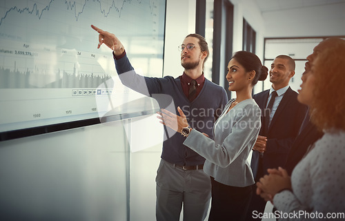 Image of Business people, finance and man with a presentation, review profit growth and data analysis. Group, presenter or employee with charts for feedback, graphs and explain results for a project and sales