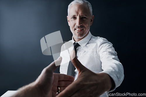 Image of Senior business man, handshake and portrait with smile for welcome, respect or onboarding at office. Ceo, human resources manager or kindness for hiring, opportunity or b2b partnership for contract