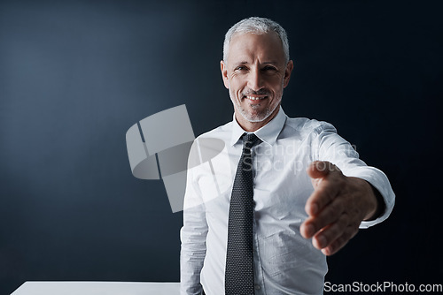 Image of Senior business man, open handshake and portrait with smile for welcome, respect or onboarding at workplace. Ceo, human resources manager and kindness for hiring, opportunity or partnership in office