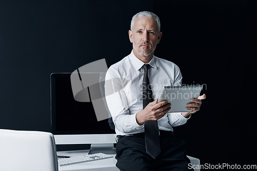 Image of Tablet, computer and portrait of business man at desk for social media, internet and website in office. Online, corporate and mature male person on digital tech for email, research and planning