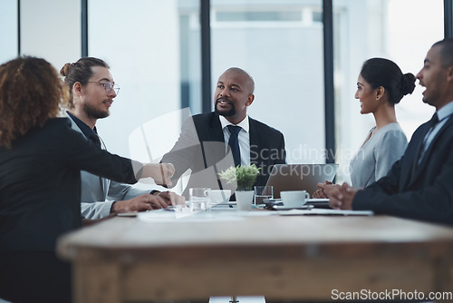 Image of Business meeting, shaking hands people or manager partnership, lawyer agreement and thank you, success or deal. Corporate woman, clients or employees handshake for thanks, negotiation and law firm