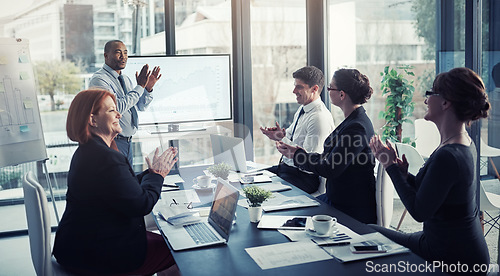 Image of Presentation, proposal and applause in a meeting of a success report or corporate workshop in a startup company. Celebrate, manager and business team winning due to growth or development strategy