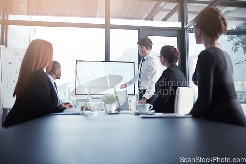 Image of Presentation, proposal and team in a meeting for a report or corporate workshop for sales in a startup company. Board, manager and business man or speaker talking about growth or development strategy