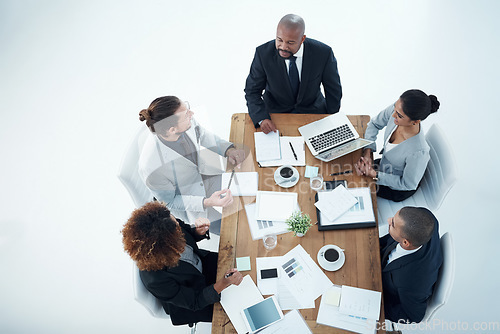 Image of Business meeting, documents and people planning, talking and collaboration of financial report, charts or graphs. Women, men and manager for paperwork, finance data or stats above on white background