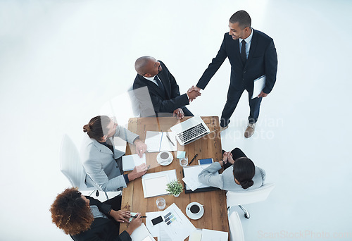 Image of Handshake, welcome and business people meeting, b2b onboarding and thank you, success or financial deal. Corporate man, clients or manager shaking hands for finance introduction and recruitment above