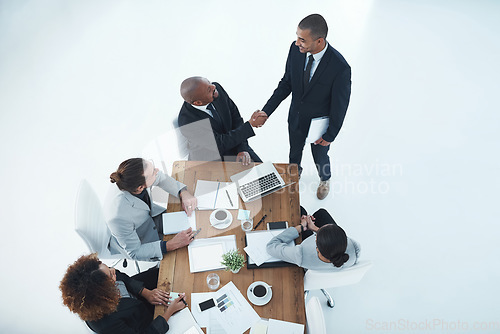 Image of Shaking hands, welcome and business people meeting, b2b onboarding and thank you, success or financial deal. Corporate man, clients or manager handshake for finance introduction and recruitment above