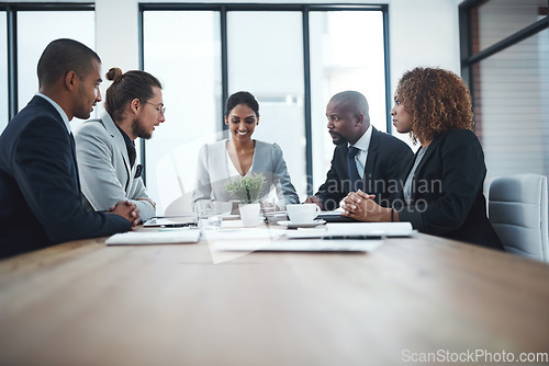 Image of Business people, leader and group in a meeting, finance and budget planning with a project, discussion and goals. Teamwork, accounting and staff with brainstorming, financial year and trade with idea