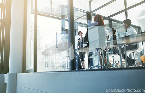 Image of Coaching, education or business people in presentation for sales report or financial analysis in office. Teaching, leadership or manager planning in a meeting on screen monitor in mentorship training