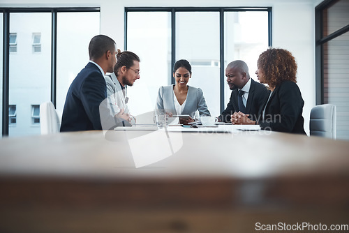 Image of Business people, staff and group in a meeting, feedback or budget report with company growth, finance or website info. Teamwork, collaboration or partnership with investments, stock market or economy