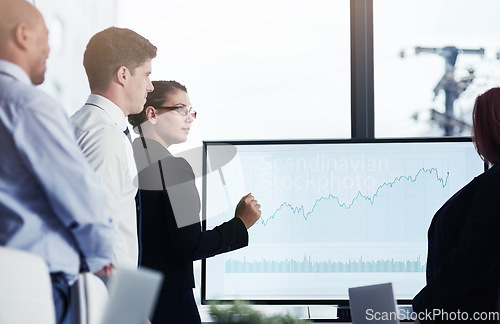 Image of Mentor, monitor or business people in a presentation for chart report or graphs analysis in a meeting. Data analytics, woman manager or speaker planning sales growth on screen monitor in mentorship