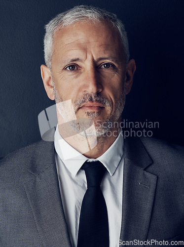 Image of Sad, angry and portrait of business man in studio for professional, corporate or manager. Mental health, depression and senior with face of male ceo on black background for executive and frustrated