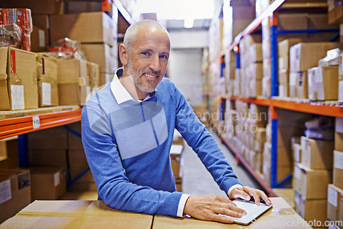 Image of Man in portrait, tablet with factory with boxes, digital invoice and supply chain warehouse. Delivery, ecommerce and male person e-signature with distribution, shipping package with logistics