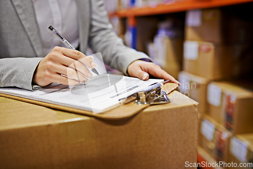 Image of Hands, sign and clipboard with paperwork in warehouse, logistics and export with supply chain factory. Delivery, ecommerce and person sign distribution paperwork, shipping and wholesale and invoice