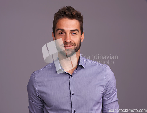 Image of Fashion, portrait of accountant and business man in studio isolated on a gray background mockup. Face, happy and person, professional or auditor from Canada with trendy clothes, outfit and style.