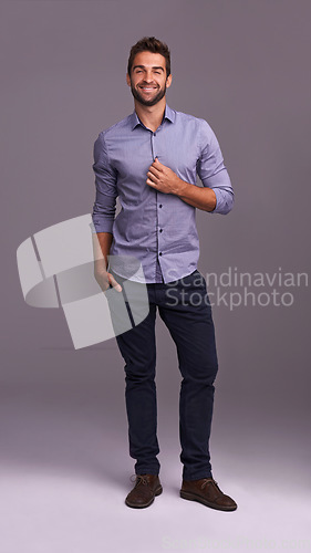 Image of Portrait, auditor and business man smile in studio isolated on a gray background mockup. Confident, person or professional accountant from Canada with trendy clothes, fashion style and hand in pocket