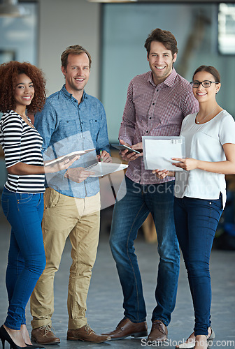 Image of Tech startup, portrait or business people with ideas in meeting for brainstorming together in office. Diversity, digital or IT employees networking with technology, notes or documents in workplace