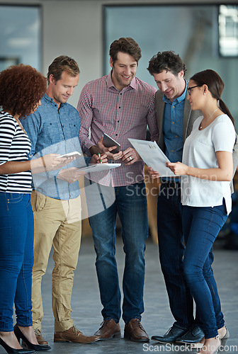 Image of Collaboration, discussion or business people with ideas in team or group meeting for brainstorming in office. Startup, talking or developers networking or planning notes or documents in workplace