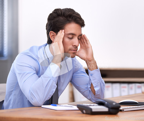 Image of Headache, business man and stress at job from corporate career in office. Bankruptcy anxiety, tired company worker and burnout of a male person debt with policy deadline and report with fatigue