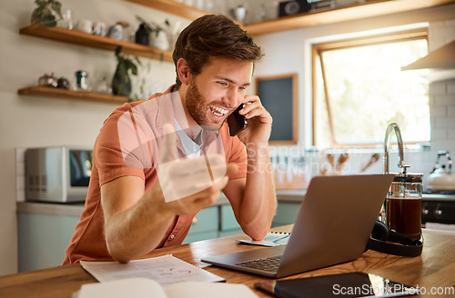 Image of Phone call, laptop and business man in kitchen for remote work, communication and networking. Contact, technology and internet with person at home for freelancer, social media and connection