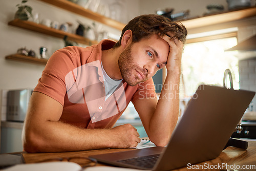 Image of Stress, laptop and business man in kitchen for remote work, freelancer and mental health. Technology glitch, tired and frustrated with male person at home for burnout, exhausted and anxiety