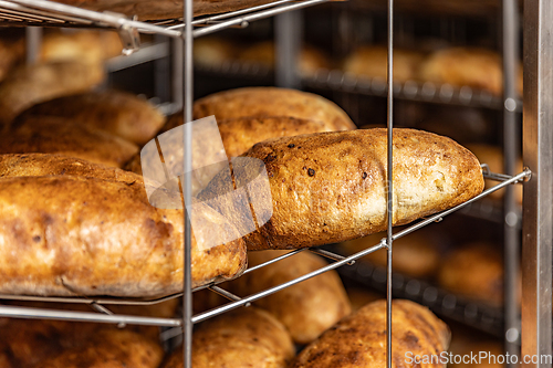 Image of Close up of bread on shelves.