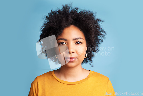 Image of Portrait, woman and serious mindset on blue background in studio with natural beauty, confidence and focus. Face, college student and girl with a healthy afro or African haircare in salon