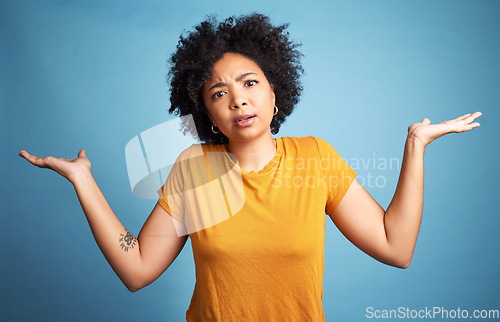 Image of Confused, portrait and girl with unsure expression frustration in studio background with question. Doubt, face and hand gesture with uncertainty or attitude, angry with body language or wtf.