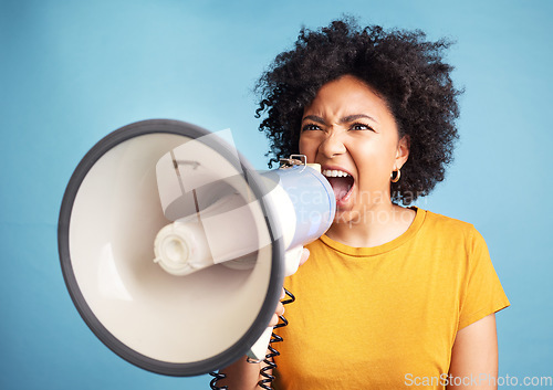 Image of Megaphone, protest and young woman for human rights, racism and equality, freedom of speech, strong opinion or fight, African person voice, call to action or change and justice on a blue background