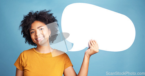 Image of Speech bubble, communication portrait and woman chat, social media opinion and college talk, news or voice forum. Face of student or African person with FAQ mockup and quote sign on a blue background