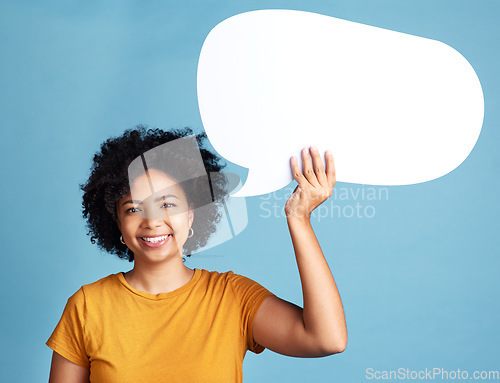 Image of Speech bubble, portrait and woman voice, chat or social media opinion, college talk and news or University forum. Student or African person communication, FAQ mockup or quote sign on blue background