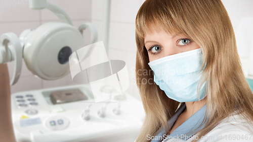 Image of Female ophthalmologist in protective mask