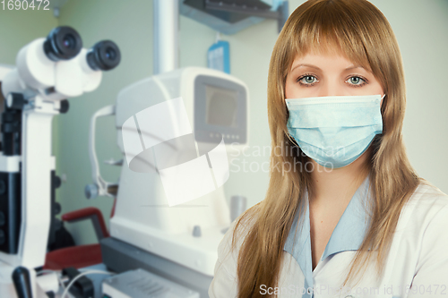 Image of Female ophthalmologist in protective mask