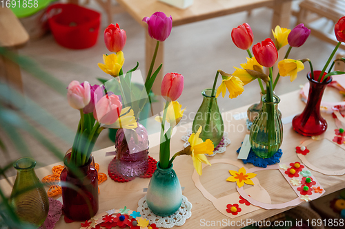 Image of Concept of spring holiday, womens day or mothers day in montessori school