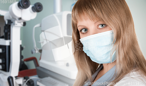 Image of Female ophthalmologist in protective mask