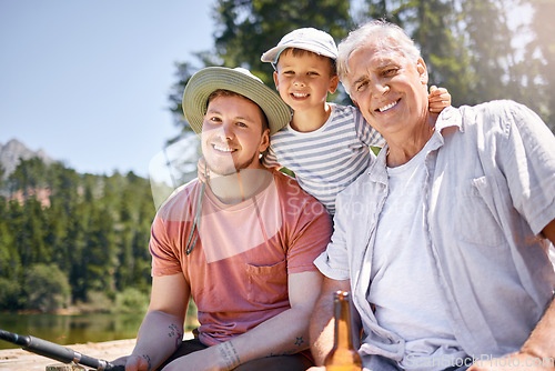 Image of Portrait, grandfather and man with son at lake with woods for happiness for vacation on weekend. Hobby, boy and grandparent with generations with rod at river with child for bonding or fun at camp.