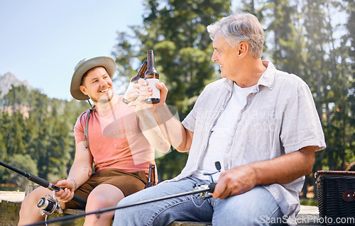 Image of Fishing, lake and senior male or son with drink for happiness or adventure at forest on vacation. Hobby, river and rod with man and grandfather with beer on holiday together for bonding in nature.