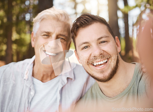 Image of Happy man, selfie or senior father in woods or nature for family memory or bonding with smile, care or love. Portrait, photography or mature dad taking pictures together for social media with son