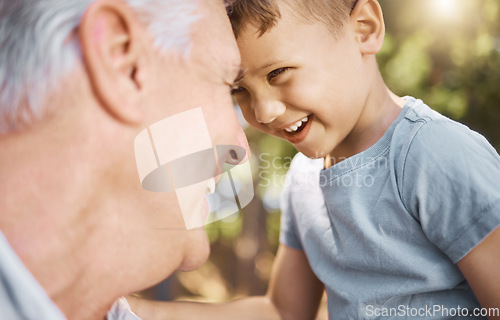 Image of Children, camp and a grandpa hiking with his grandson outdoor in nature for bonding, travel or adventure together. Kids, face or funny and a little boy laughing with his grandfather on the woods