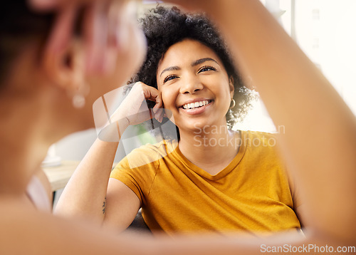 Image of Friends, talking and women on sofa with smile, bonding and conversation in living room to relax in support and love. Happiness, friendship and woman on couch listening to gossip or discussion in home