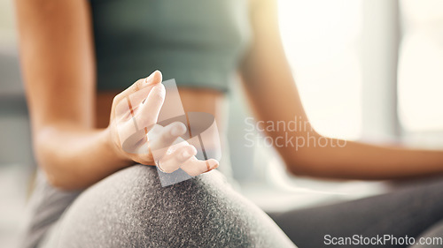 Image of Woman, hands and yoga in meditation for inner peace, zen workout or exercise on loving room floor at home. Hand of calm female person or yogi meditating in relax for spiritual wellness or awareness