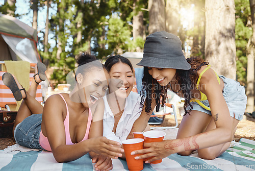 Image of Friends, together and camping with drinks in the woods, nature or quality time with girls, group on holiday, vacation or break. People, friend and drinking from cup in summer, picnic or adventure