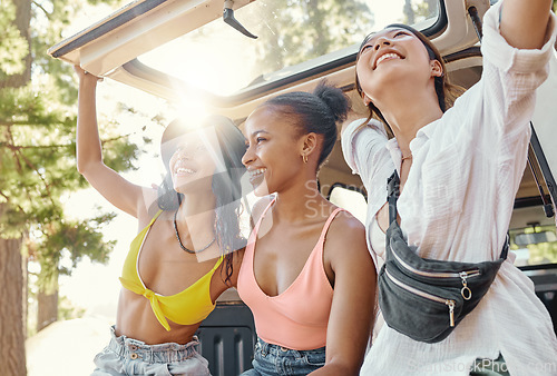 Image of Van, travel and camping with friends in nature for adventure, summer vacation and bonding. Relax, happiness and wellness with group of women in woods for road trip journey, social and diversity