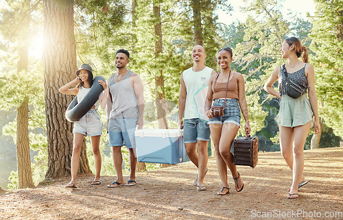 Image of Group, friends and walking to picnic in the woods, forest or park in nature for summer, vacation and holiday together. Social, diversity and people happy for camping, adventure or outdoor walk