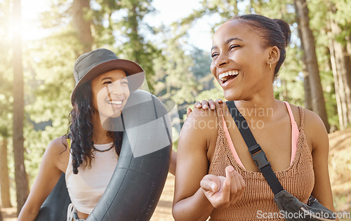 Image of Women friends, camping and smile in woods, sunshine or funny chat on adventure, bonding and freedom on holiday. African girl, together and happy people for summer vacation, forrest and walk in nature