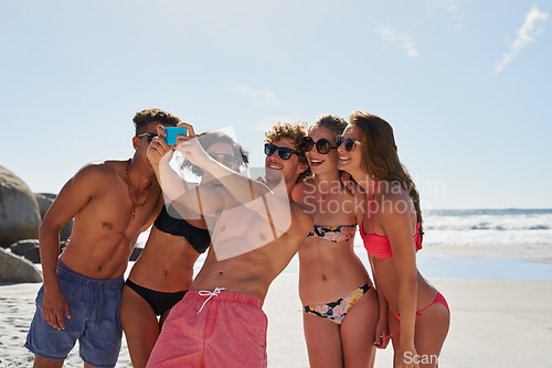 Image of Selfie, beach and group of friends for summer, holiday and vacation in bikini, social media post and content creation. Happy young people or men and women in profile picture or digital memory at sea