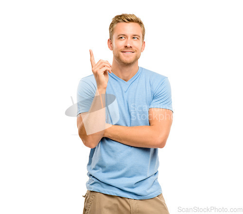 Image of Thinking, pointing finger and idea of a man in studio for announcement, presentation or choice. Male model with hand gesture or sign for advertising, decision or solution on a white background