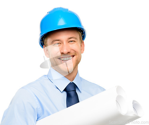 Image of Architecture, blueprint and isolated with portrait of man in studio for engineering, happy and building, Graphics, floor plan and construction with male contractor on white background for inspection