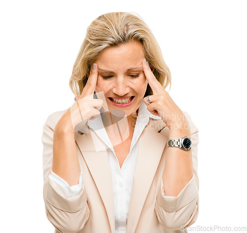 Image of Stress, headache and mature woman in studio with anxiety, worry and mental health crisis against white background. Depression, fear and scared female confused with mistake, migraine or disaster fail