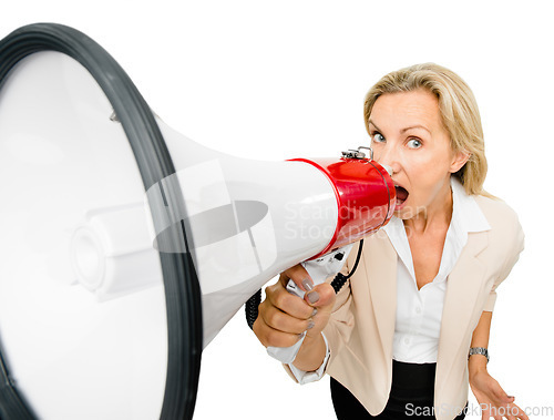 Image of Megaphone, portrait and mature woman in studio with wow news, sale or announcement on white background. Speaker, speech and face of lady with coming soon promo, launch or offer, vote or voice opinion