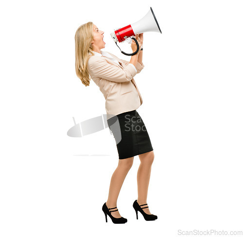 Image of Megaphone, noise and screaming mature woman in studio with message, broadcast or announcement on white background. Speaker, speech and angry lady with bullhorn for change, justice or freedom vote